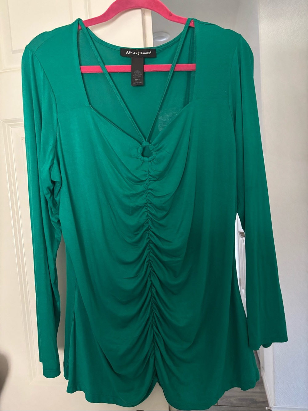 Ashley Stewart Teal-Green Ruched V-Neck Long Sleeve Top